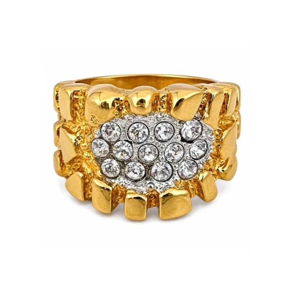 Vintage 1970s Uncas Nugget Ring Size 7  14KT Gold Plate Pave Crystal - 14O